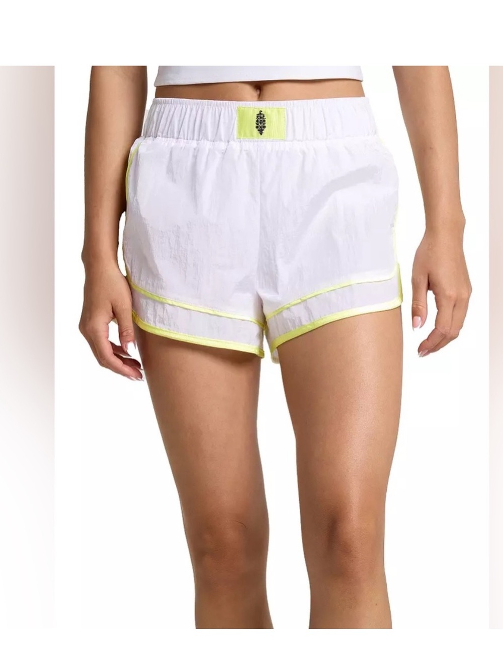 FP MOVEMENT - Varsity Blues Run Shorts NWT White with Neon Banana Yellow Trim